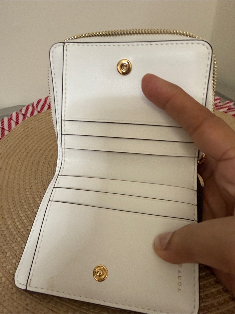 Tory Burch White Perforated Patent Zip Wallet with Gold Logo - Picture 12 of 16